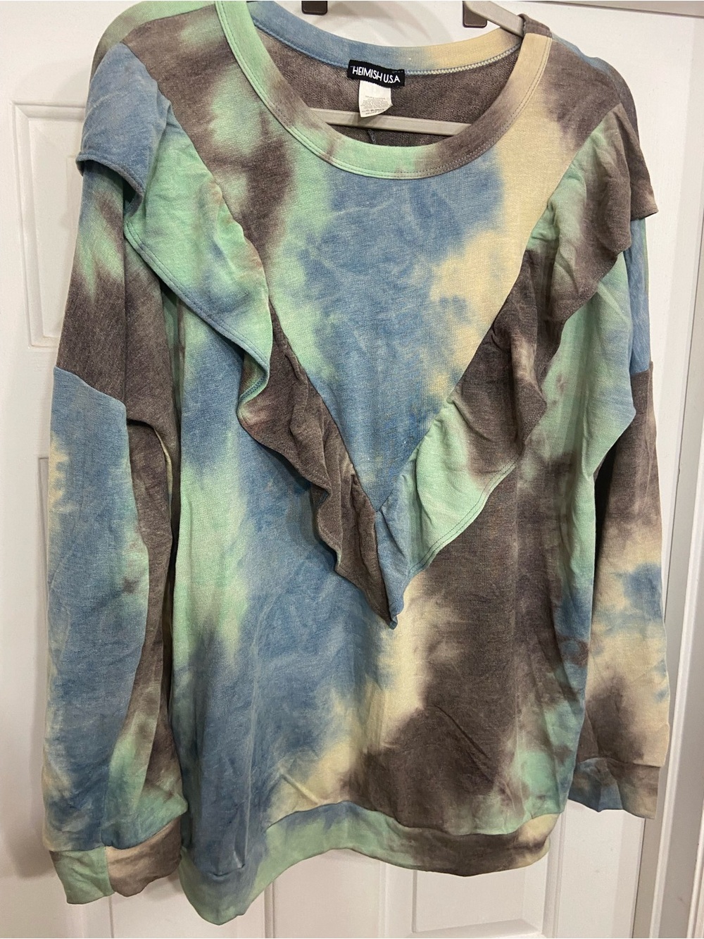 HEIMISH 3X Tie-Dye Ruffle Boutique Shirt Crewneck Blue, Green, Brown